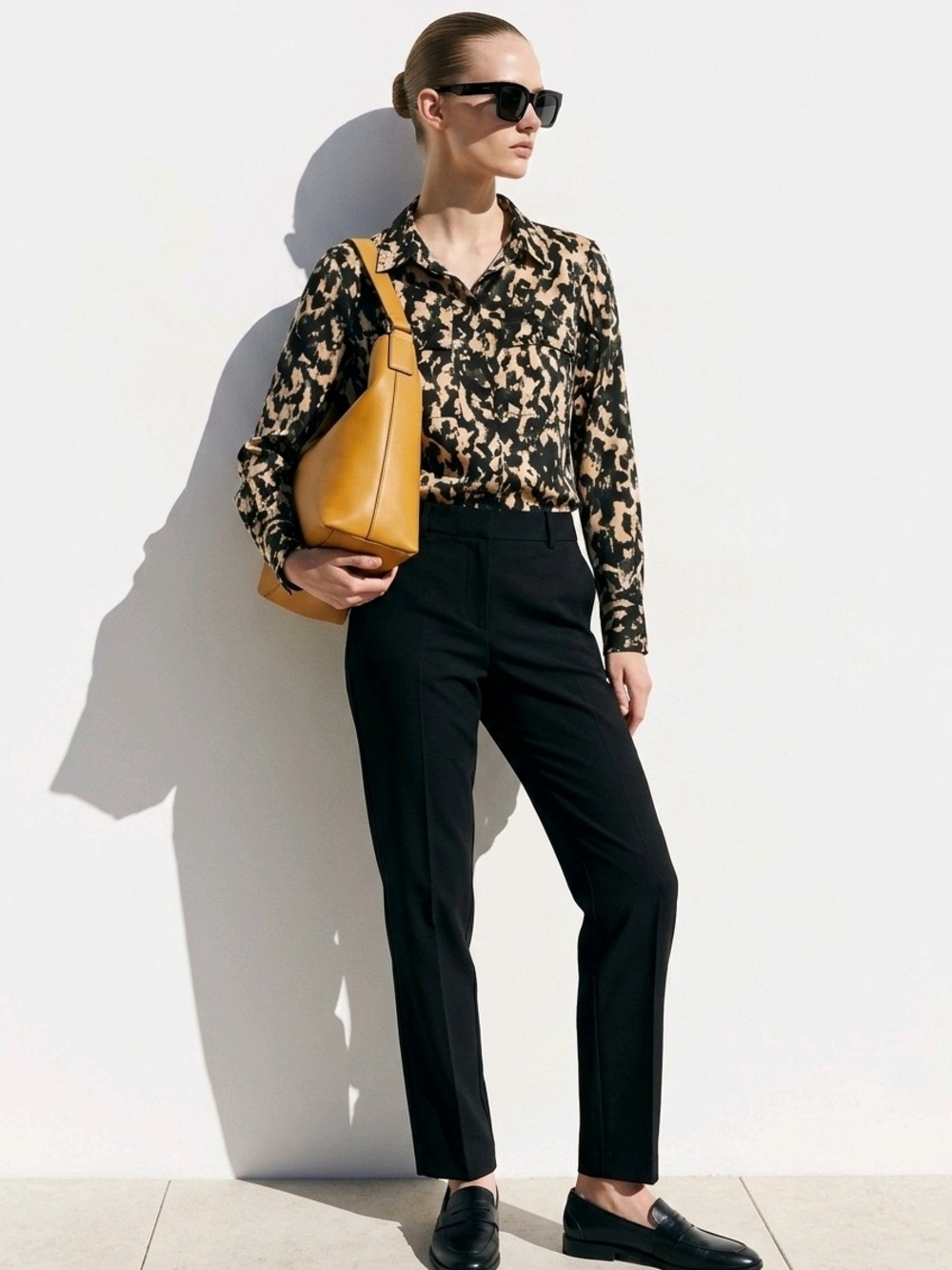 H&M Black and Beige Printed Long-Sleeve Blouse